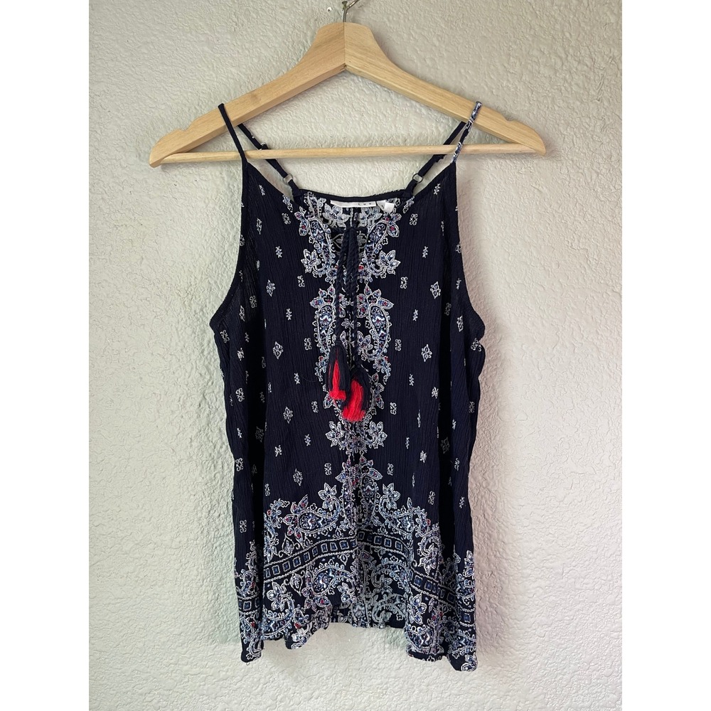 LUQ Navy Blue Paisley Print Tassel Tie Sleeveless Tank Top Blouse - Medium